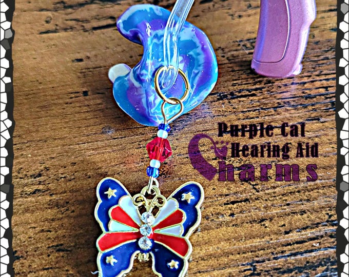 Featured listing image: American Flag Butterfly Hearing Aid Charms with Czech Glass Accent Beads!