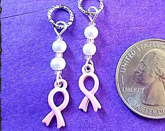 Hearing Aid Charms:  Pink Breast Cancer Awareness Ribbon with Glass and Glass Pearl Accent Beads!