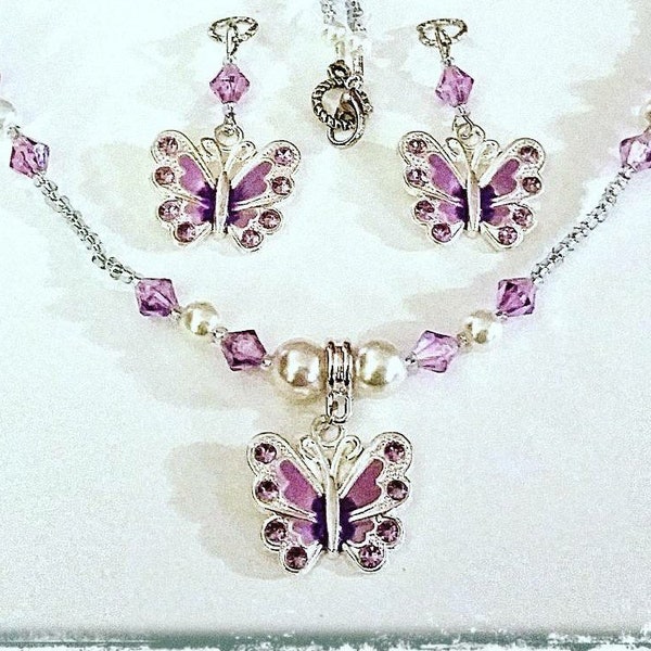 Beaded Necklace and Set:  Dainty Glass Beaded Necklace with Rhinestone Butterfly Pendant (available in several color options)!