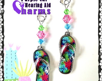 Hearing Aid Charms: Adorable Floral Flip Flops with Czech Glass and Swarovski Crystal Accent Beads!