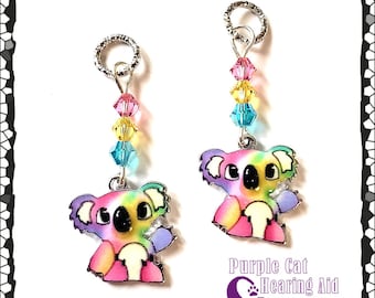 Vibrant Enamel Tie-Dye Rainbow Koala Hearing Aid Charms with Czech Glass Accent Beads!
