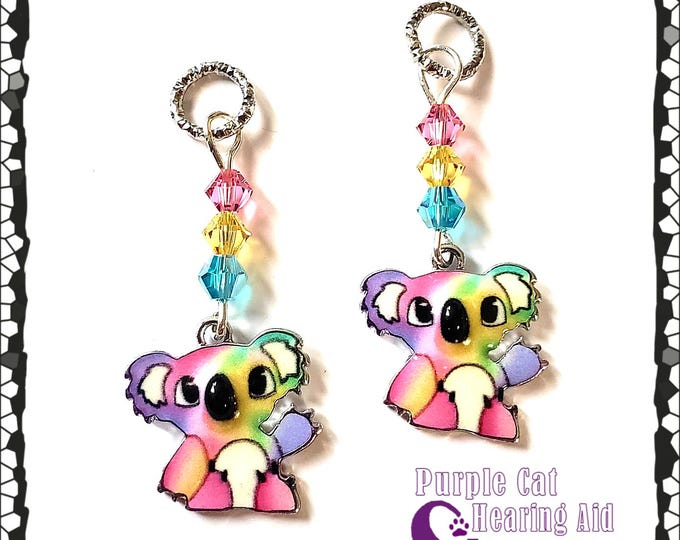 Featured listing image: Vibrant Enamel Tie-Dye Rainbow Koala Hearing Aid Charms with Czech Glass Accent Beads!