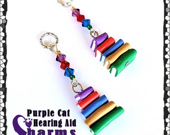 Hearing Aid Charms:  Deluxe Clay Polymer Stack of Books with Czech Glass and Swarovski Crystal Accent Beads!