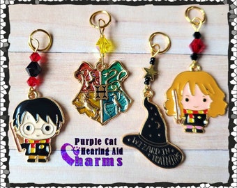 Hearing Aid Charms:  Wizard School characters and Wizard in Training Wizard Hats with Czech Glass and Star Accent Beads!