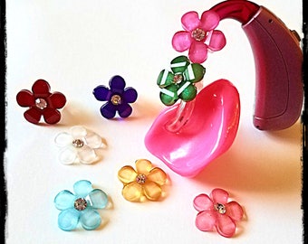 Hearing Aid Tube Trinkets:  Petite Jeweled Flowers.  Available in 4 great colors!  Please select quantity 2 for a pair!