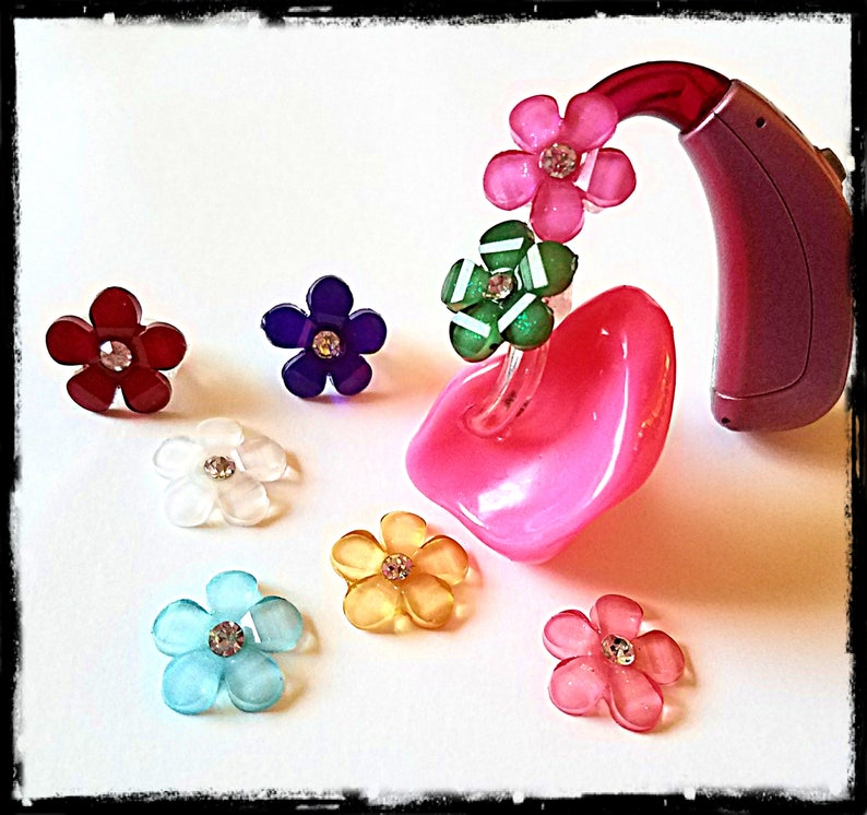 Hearing Aid Tube Trinkets: Petite Jeweled Flowers. Available in 4 great colors Please select quantity 2 for a pair image 1