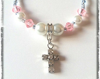 Jeweled Christian Cross Beaded Necklace made with Glass and Acrylic Beads (matching hearing aid charms available at discounted bundle price)