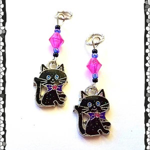 Hearing Aid Charms:Glittering Black Cats with Czech Glass Accent Beads!