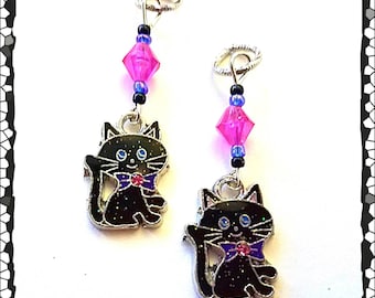 Hearing Aid Charms:Glittering Black Cats with Czech Glass Accent Beads!