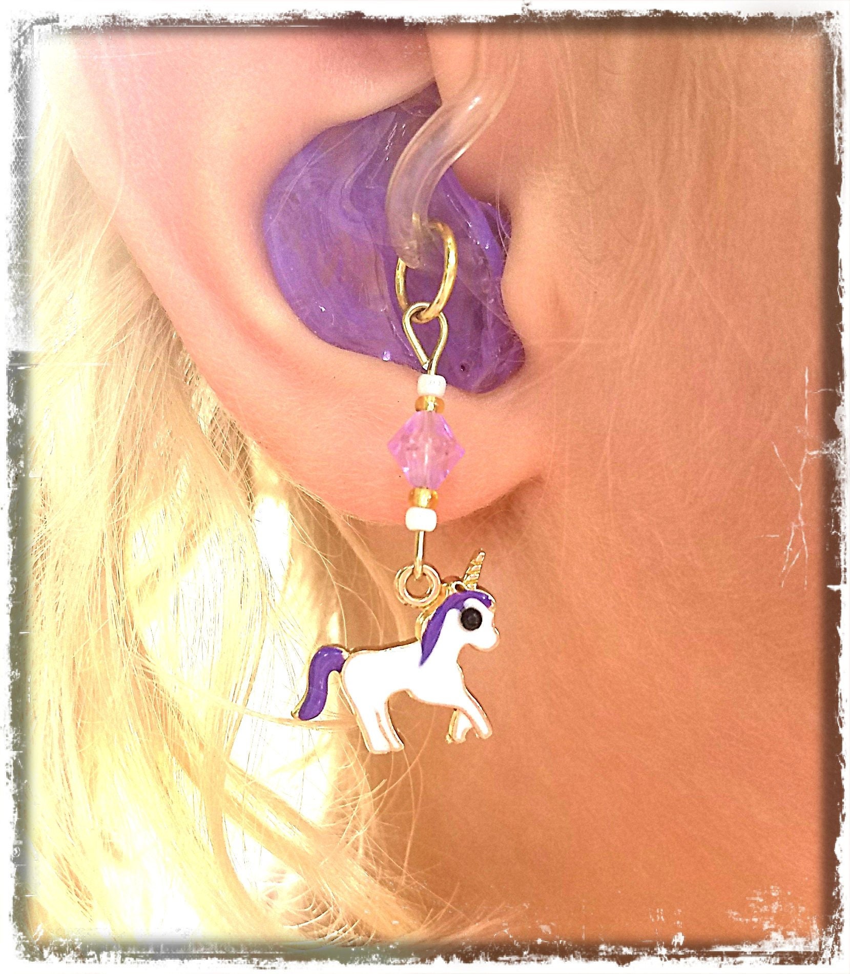 Hearing Aid Charms: Sweet Petite White Unicorns with Glass and Czech Glass Accent Beads! Available with pink or purple hair! Hearing Aid Charms: Sweet Petite White Unicorns with Glass and Czech Glass Accent Beads! Available with pink or purple hair!