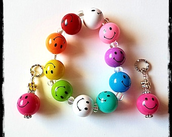 Beaded Bracelet:  Happy Face Emoji Rainbow!  Matching Hearing Aid Charms are Available at a Discounted Bundle Price!