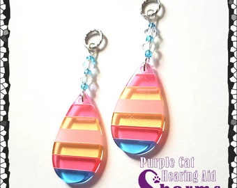 Hearing Aid Charms: Striped Translucent Tear Drops with Czech Glass Accent Beads!