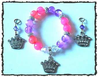 Moon Glow Acrylic Beaded Bracelet with Jeweled Princess Crown Charm (matching hearing aid charms available at a discounted bundle price)!