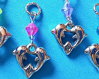 Hearing Aid Charms:  Silver Plated Dolphin Hearts with Glass Accent Beads! Also available as a matching mother daughter set!