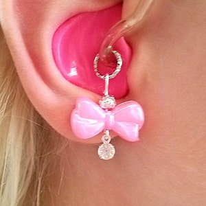 Hearing Aid Charms:  Pretty Pearlescent Bows with Silver Heart Dangles and Silver Plated Accent Bead!