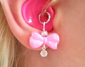 Hearing Aid Charms:  Pretty Pearlescent Bows with Silver Heart Dangles and Silver Plated Accent Bead!