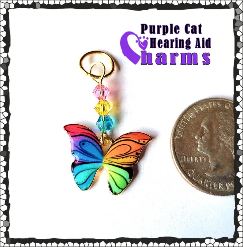 Hearing Aid Charms: Bright and Vibrant Rainbow or Pink and Purple Butterflies with Czech Glass and Swarovski Crystal Accent Beads image 4