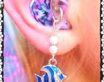 Enamel Rhinestone Fish Hearing Aid Charm: Silver Plated Czech Glass Accent