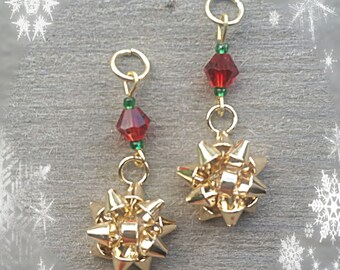 Hearing Aid Charms:  Golden Christmas Bows with red and green glass accent beads!