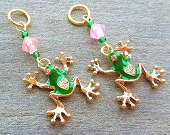 Hearing Aid Charms:  Amazing Gold Plated Green Frogs with Jeweled Heart and Eyes and Glass Accent Beads!