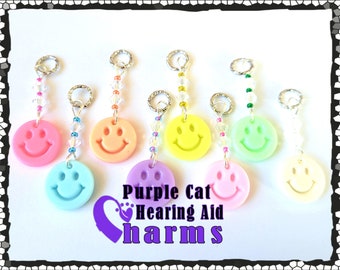 Hearing Aid Charms: Happy Faced Emojis with Czech Glass Accent Beads! Available in 8 different colors to mix or match!