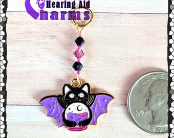 Halloween Hearing Aid Charms: Fun Enamel Bats with Czech Glass and Swarovski Crystal Accent Beads!