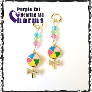 Hearing Aid Charms:  Cute Lollipop Suckers with Czech Glass and Swarovski Crystal Accent Beads and Rhinestone Bling!