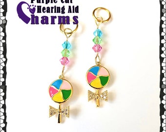 Hearing Aid Charms:  Cute Lollipop Suckers with Czech Glass and Swarovski Crystal Accent Beads and Rhinestone Bling!