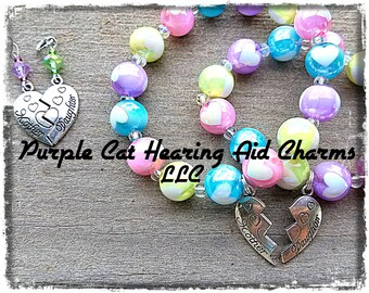 Beaded Charm Bracelet: Antique Silver Mother Daughter Connected Heart Set! Matching Hearing Aid Charms and Earrings available as set price!