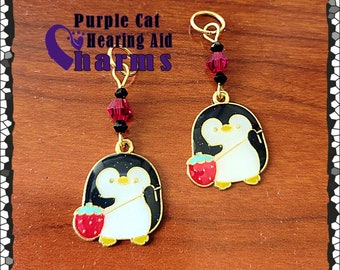 Hearing Aid Charms: Adorable Penguin and Strawberry with Czech Glass Accent Beads!