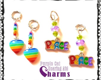 Hearing Aid Charms: Peace and Love Rainbow Striped Hearts or Peace with Czech Glass Accent Beads!