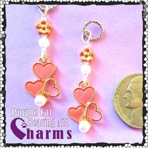 Hearing Aid Charms:  Beautiful Rose Gold Plated, Pink Inlaid Shell Hearts with Faux Pearl, Czech Glass Accent Beads!