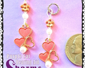 Hearing Aid Charms:  Beautiful Rose Gold Plated, Pink Inlaid Shell Hearts with Faux Pearl, Czech Glass Accent Beads!