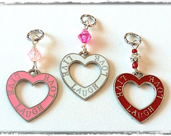 Hearing Aid Charms:  Live, Laugh, Love Hollow Hearts with Glass Accent Beads! Also available in a matching Mother Daughter Set!