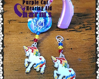 Hearing Aid Charms:  Brite Rainbow Unicorns with Czech Glass and Swarovski Crystal Accent Beads!