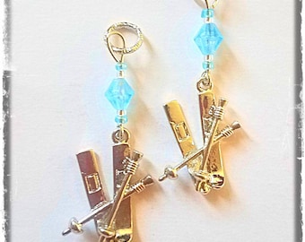 Hearing Aid Charms: Silver Plated 3D Skis with Czech Glass Accent Beads!