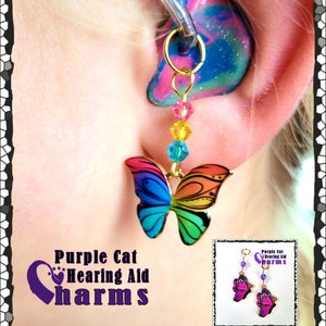 Hearing Aid Charms: Bright and Vibrant Rainbow or Pink and Purple Butterflies with Czech Glass and Swarovski Crystal Accent Beads image 1