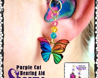 Hearing Aid Charms:  Bright and Vibrant Rainbow or Pink and Purple Butterflies with Czech Glass and Swarovski Crystal Accent Beads!