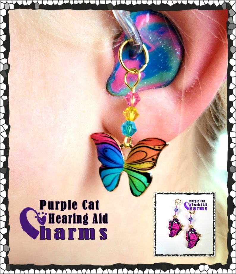 Hearing Aid Charms: Bright and Vibrant Rainbow or Pink and Purple Butterflies with Czech Glass and Swarovski Crystal Accent Beads image 1