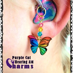 Hearing Aid Charms: Bright and Vibrant Rainbow or Pink and Purple Butterflies with Czech Glass and Swarovski Crystal Accent Beads image 2