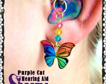 Hearing Aid Charms:  Bright and Vibrant Rainbow or Pink and Purple Butterflies with Czech Glass and Swarovski Crystal Accent Beads!