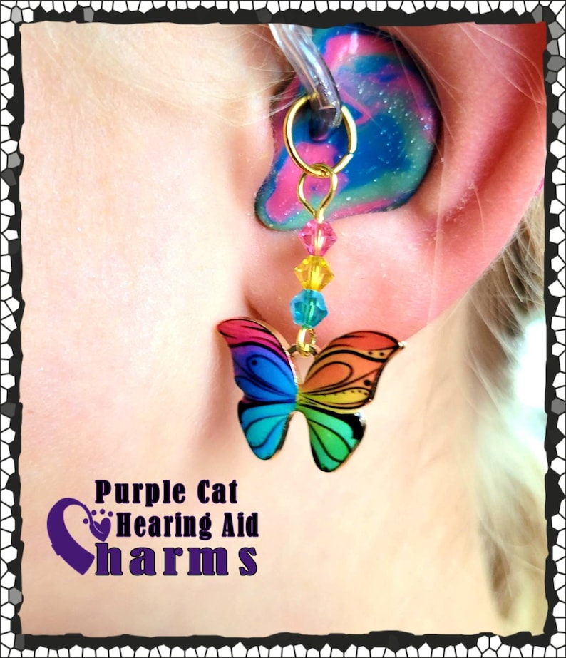Hearing Aid Charms: Bright and Vibrant Rainbow or Pink and Purple Butterflies with Czech Glass and Swarovski Crystal Accent Beads image 2
