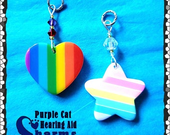 Hearing Aid Charms: Rainbow Striped Stars or Rainbow Hearts with Czech Glass and Swarovski Crystal Accent Beads!