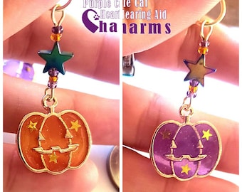 Hearing Aid Charms:  Sparkling Translucent Halloween Jack-o-lanterns with Czech Glass and Hematite Star Accent Beads!