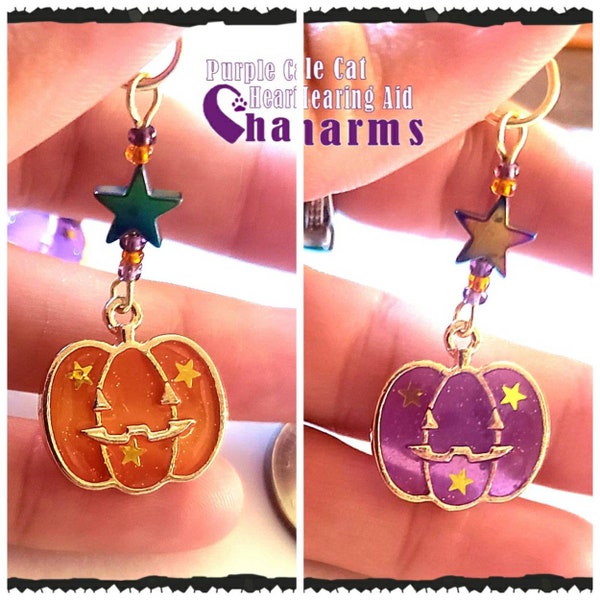 Hearing Aid Charms:  Sparkling Translucent Halloween Jack-o-lanterns with Czech Glass and Hematite Star Accent Beads!