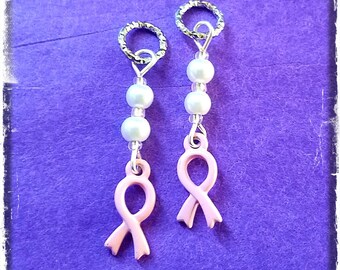 Pink Ribbon Hearing Aid Charms: Breast Cancer Awareness, Pearl Accent Beads