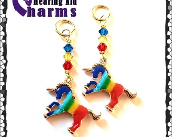 Hearing Aid Charms:  Bright and Beautiful Rainbow Unicorns with Czech Glass and Swarovski Crystal Accent Beads!