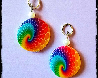 Hearing Aid Charms: Rainbow Tie-dye Swirls on Shell with Glass Pearl Accent Beads!
