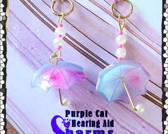 Hearing Aid Charms: Adorable Umbrellas with Faux Pearl and Czech Glass Accent Beads! Also available as a matching Mother Daughter Set!