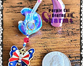 American Flag Butterfly Hearing Aid Charms with Czech Glass Accent Beads!